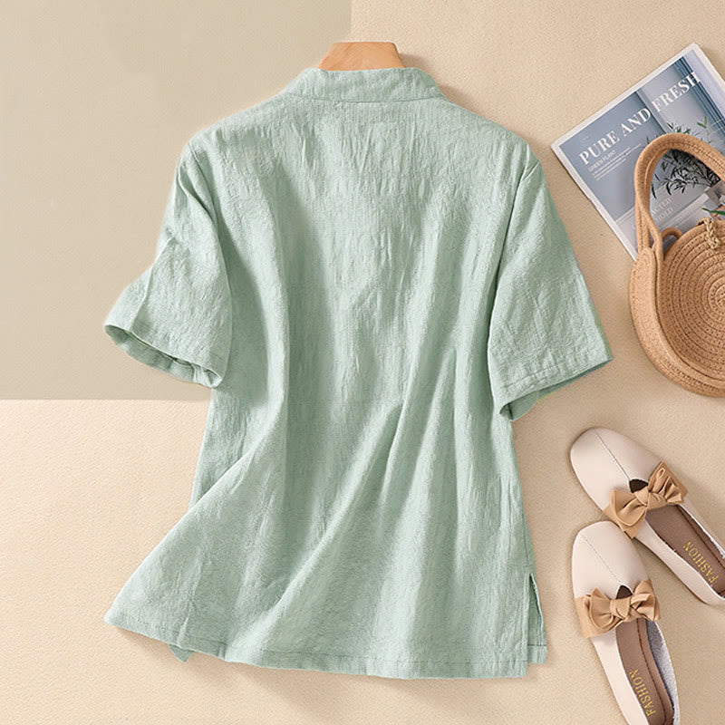 Kurzärmliges Baumwoll-Leinen-Hemd mit Buddha-Steine-Pflaumenblüten-Stickerei und Froschknopf - image 13