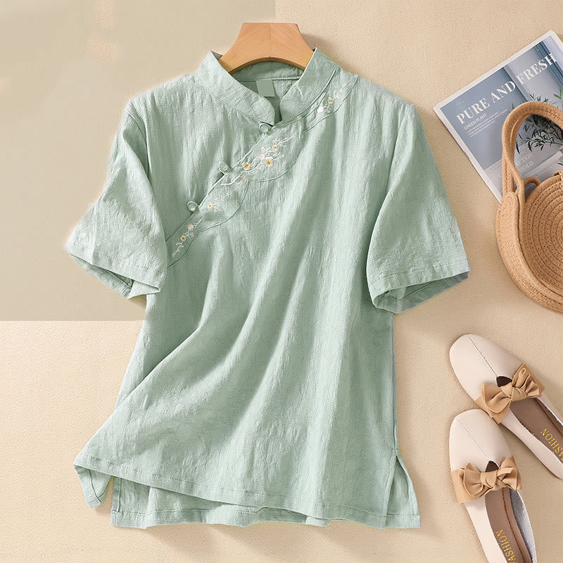 Kurzärmliges Baumwoll-Leinen-Hemd mit Buddha-Steine-Pflaumenblüten-Stickerei und Froschknopf - Honigmelone - 2XL(Passend für US 8-10; UK/AU 12-14; EU 40-42) - image 12