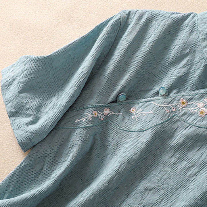 Kurzärmliges Baumwoll-Leinen-Hemd mit Buddha-Steine-Pflaumenblüten-Stickerei und Froschknopf - image 22