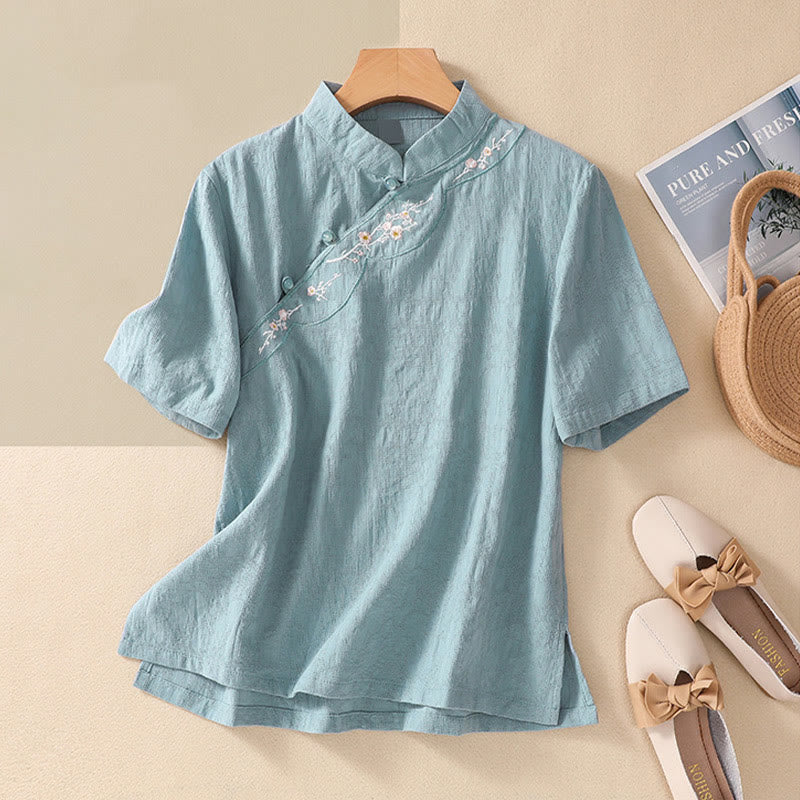 Kurzärmliges Baumwoll-Leinen-Hemd mit Buddha-Steine-Pflaumenblüten-Stickerei und Froschknopf - Türkis - 2XL(Passend für US 8-10; UK/AU 12-14; EU 40-42) - image 18