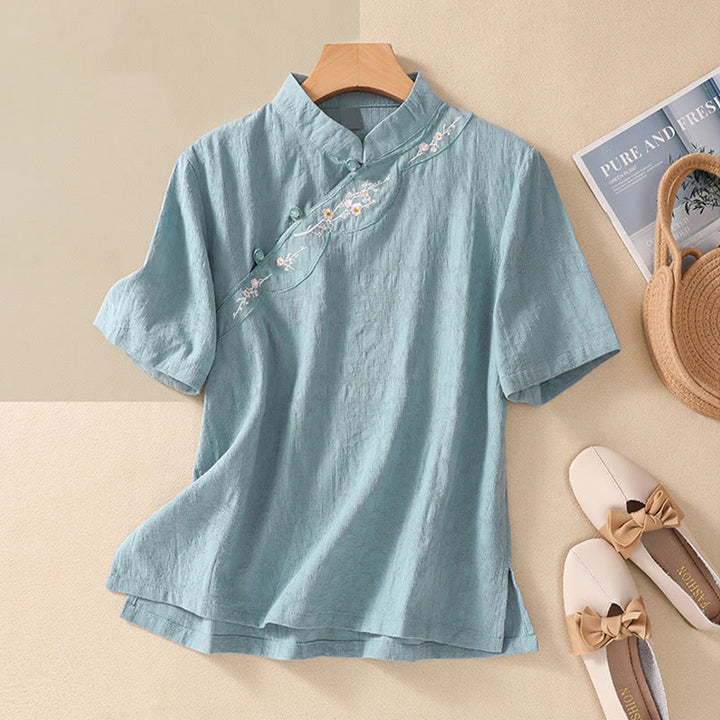 Kurzärmliges Baumwoll-Leinen-Hemd mit Buddha-Steine-Pflaumenblüten-Stickerei und Froschknopf - Türkis - 2XL(Passend für US 8-10; UK/AU 12-14; EU 40-42) - image 18