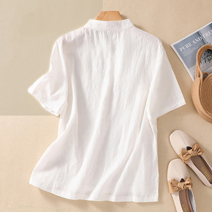 Kurzärmliges Baumwoll-Leinen-Hemd mit Buddha-Steine-Pflaumenblüten-Stickerei und Froschknopf - image 25