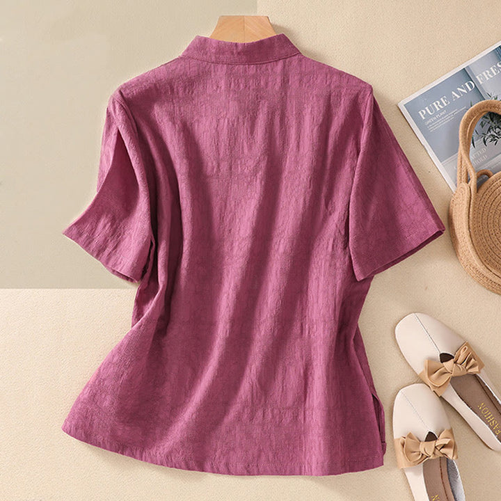 Kurzärmliges Baumwoll-Leinen-Hemd mit Buddha-Steine-Pflaumenblüten-Stickerei und Froschknopf - image 34