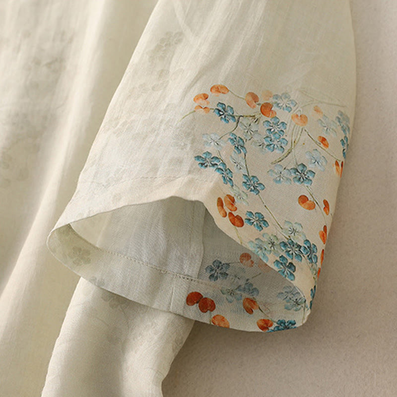 Buddha Stones, blaue Blumen, orange Blätter, Froschknopf, Dreiviertelärmel-Hemd - image 9