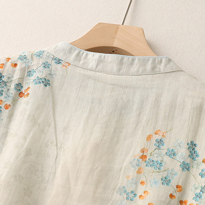 Buddha-Steine, blaue Blumen, orange Blätter, Froschknopf, Dreiviertelärmel, Baumwoll-Leinen-Hemd - image 4