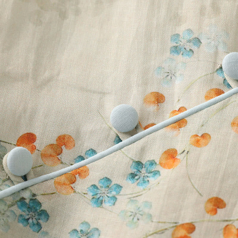 Buddha-Steine, blaue Blumen, orange Blätter, Froschknopf, Dreiviertelärmel, Baumwoll-Leinen-Hemd - image 7