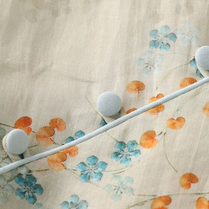 Buddha-Steine, blaue Blumen, orange Blätter, Froschknopf, Dreiviertelärmel, Baumwoll-Leinen-Hemd - image 7