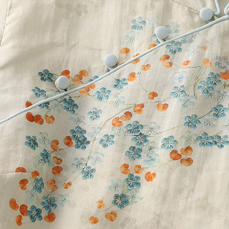 Buddha-Steine, blaue Blumen, orange Blätter, Froschknopf, Dreiviertelärmel, Baumwoll-Leinen-Hemd - image 6