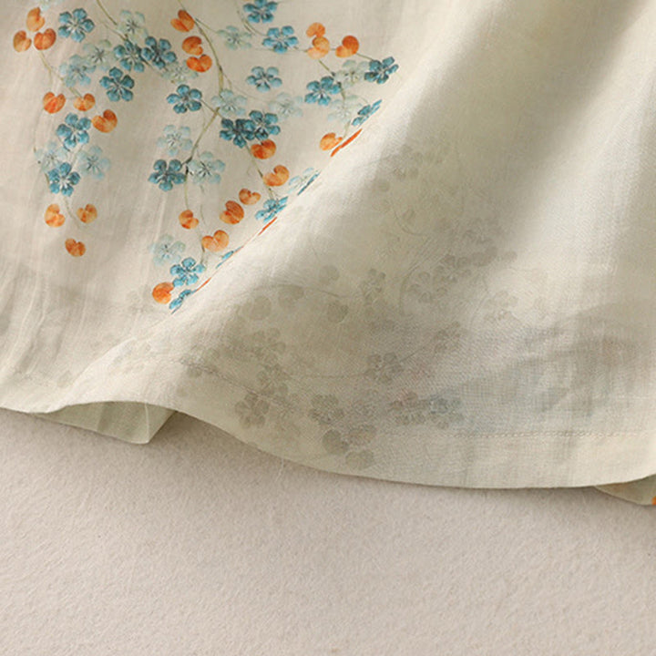 Buddha-Steine, blaue Blumen, orange Blätter, Froschknopf, Dreiviertelärmel, Baumwoll-Leinen-Hemd - image 8