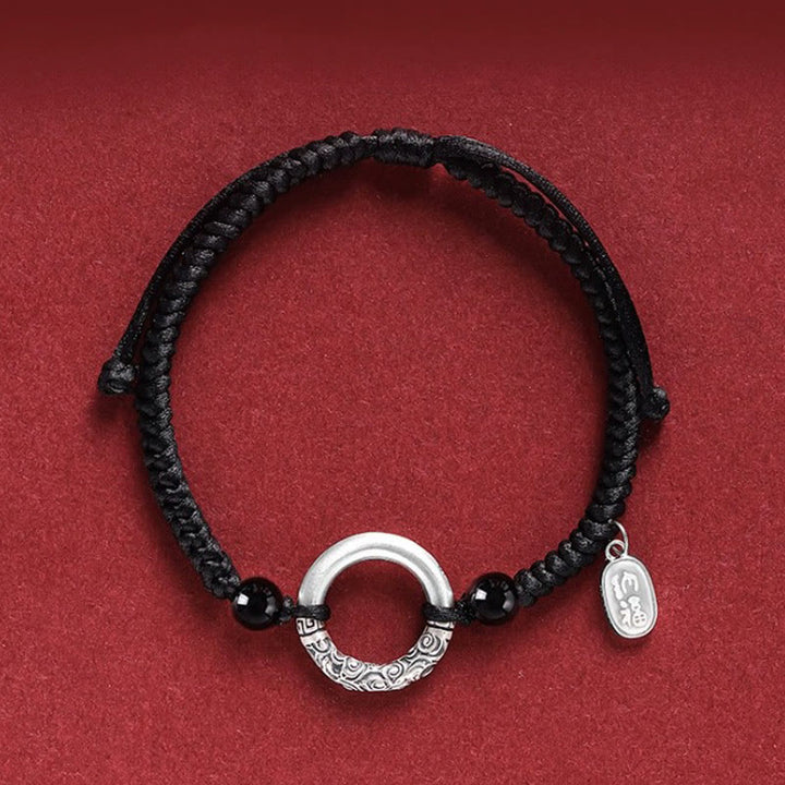 Buddha Stones 925 Sterling Silber Schwarzer Onyx Peace Schnalle Fu Charakter Charm Armband