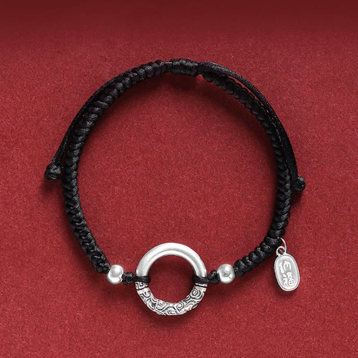 Buddha Stones 925 Sterling Silber Schwarzer Onyx Peace Schnalle Fu Charakter Charm Armband