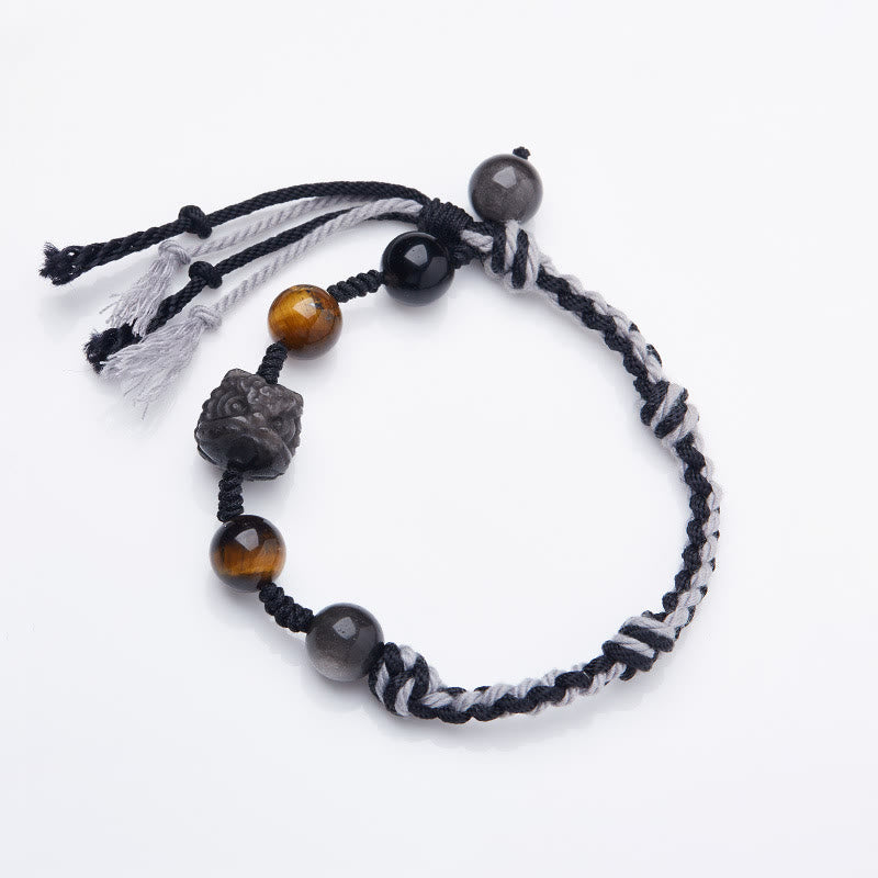 Buddha Stones Naturfluorit Amethyst Silberglanz Obsidian Tigerauge Schutzseil Armband - Obsidian mit Silberglanz (Handgelenkumfang 14-18 cm) - image 7