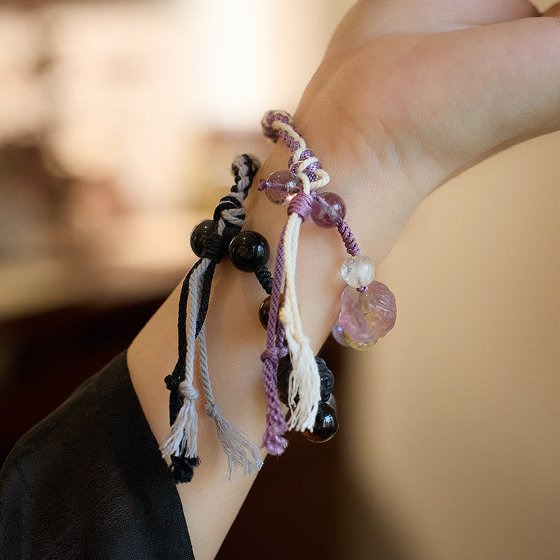 Buddha Stones Naturfluorit Amethyst Silberglanz Obsidian Tigerauge Schutzseil Armband - image 1