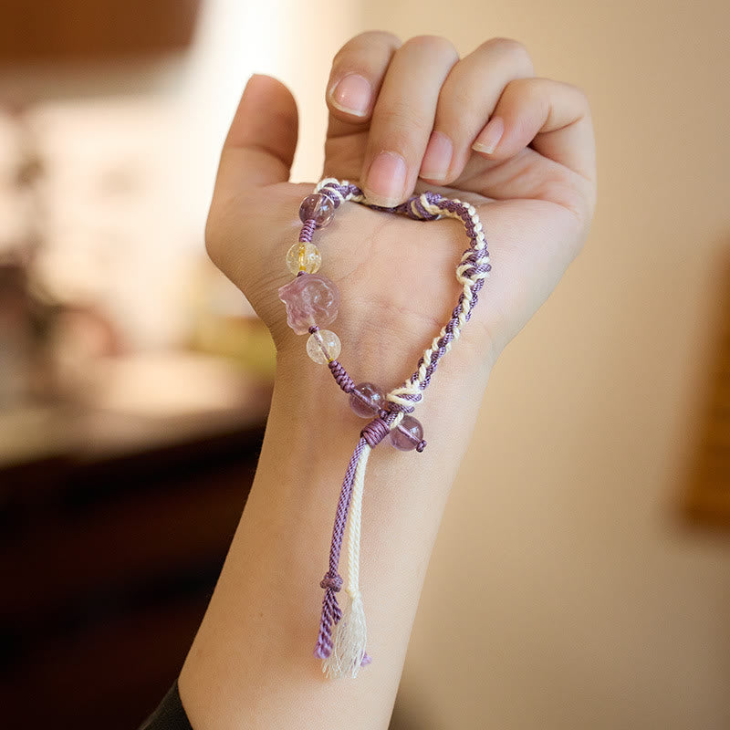 Buddha Stones Naturfluorit Amethyst Silberglanz Obsidian Tigerauge Schutzseil Armband - image 3