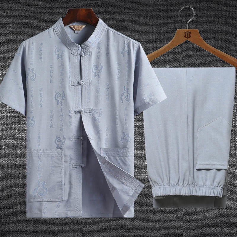 Buddha Stones 2-teiliges Herren-Set mit Frosch-Knopf, Fu-Charakter, Drache, Bambusblatt, kurzärmelig, Hemd und Hose - Hellblau - Fu-Charakter - US/UK/AU46, EU56 (4XL) - image 0