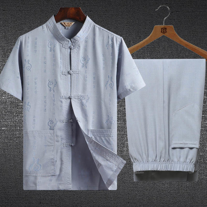Buddha Stones 2-teiliges Herren-Set mit Frosch-Knopf, Fu-Charakter, Drache, Bambusblatt, kurzärmelig, Hemd und Hose - Hellblau - Fu-Charakter - US/UK/AU46, EU56 (4XL) - image 0