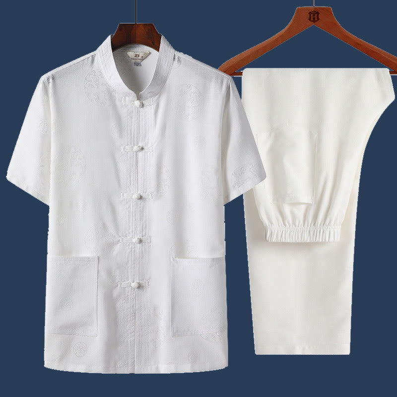 Buddha Stones 2-teiliges Herren-Set mit Frosch-Knopf, Fu-Charakter, Drache, Bambusblatt, kurzärmelig, Hemd und Hose - Weiß - Drachen - US/ UK/AU46, EU56 (4XL) - image 8