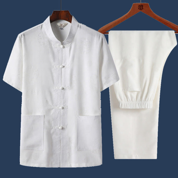 Buddha Stones 2-teiliges Herren-Set mit Frosch-Knopf, Fu-Charakter, Drache, Bambusblatt, kurzärmelig, Hemd und Hose - Weiß - Drachen - US/ UK/AU46, EU56 (4XL) - image 8