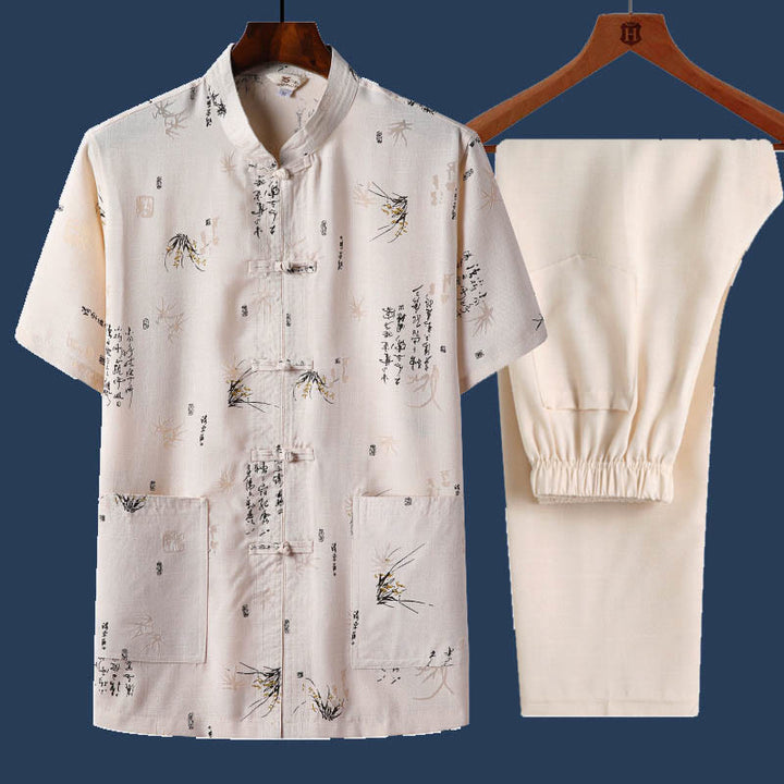 Buddha Stones 2-teiliges Herren-Set mit Frosch-Knopf, Fu-Charakter, Drache, Bambusblatt, kurzärmelig, Hemd und Hose - Hellgelb - Bambusblatt - US/UK/AU46, EU56 (4XL) - image 10