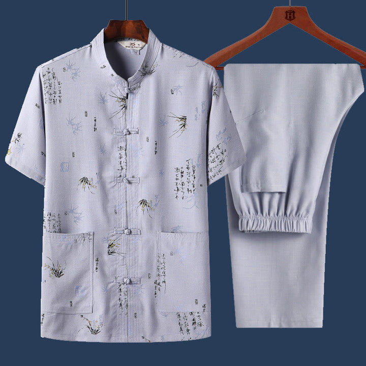 Buddha Stones 2-teiliges Herren-Set mit Frosch-Knopf, Fu-Charakter, Drache, Bambusblatt, kurzärmelig, Hemd und Hose - Hellblau - Bambusblatt - US/UK/AU46, EU56 (4XL) - image 9