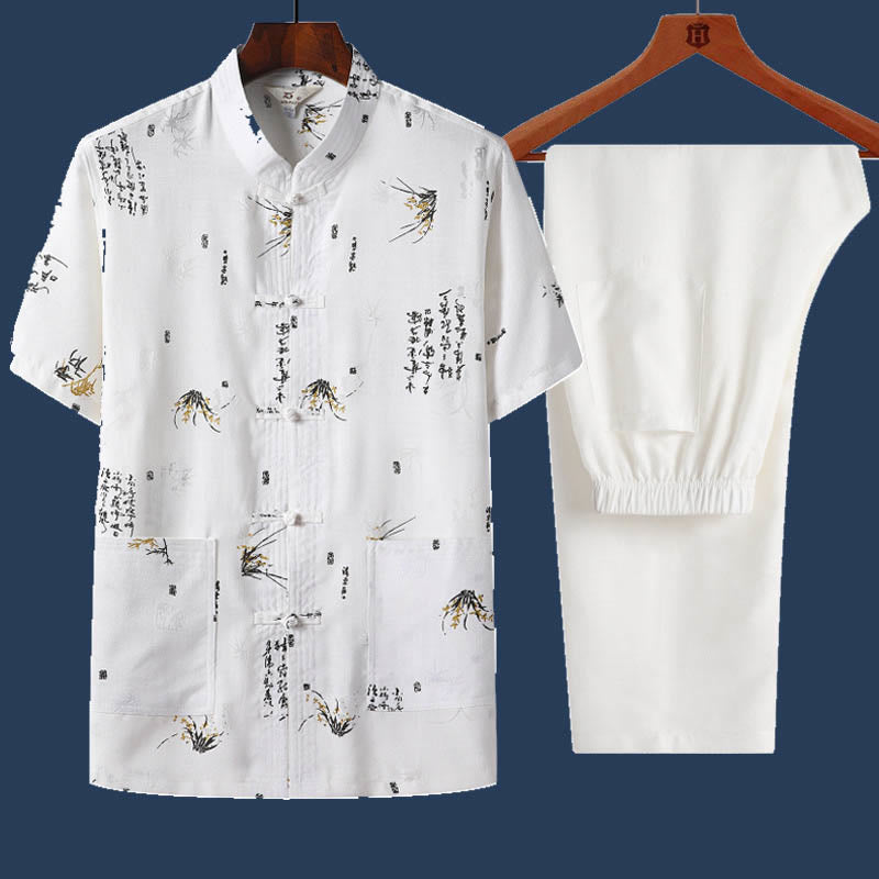 Buddha Stones 2-teiliges Herren-Set mit Frosch-Knopf, Fu-Charakter, Drache, Bambusblatt, kurzärmelig, Hemd und Hose - Weiß - Bambusblatt - US/UK/AU46, EU56 (4XL) - image 12