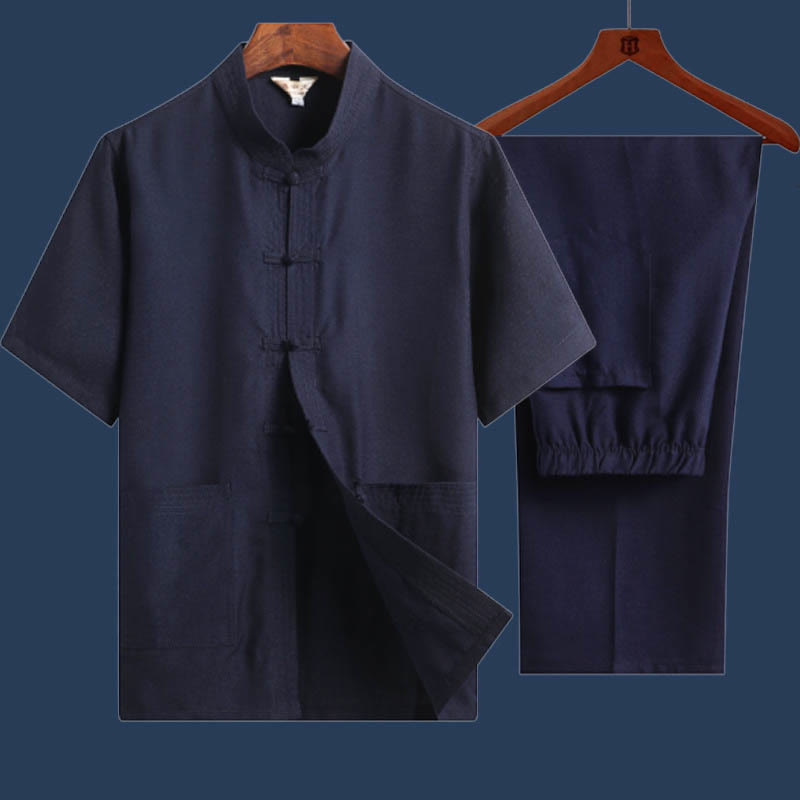 Buddha Stones 2-teiliges Herren-Set mit Frosch-Knopf, Fu-Charakter, Drache, Bambusblatt, kurzärmelig, Hemd und Hose - SteelBlue - Einfarbig - US/ UK/AU46, EU56 (4XL) - image 16