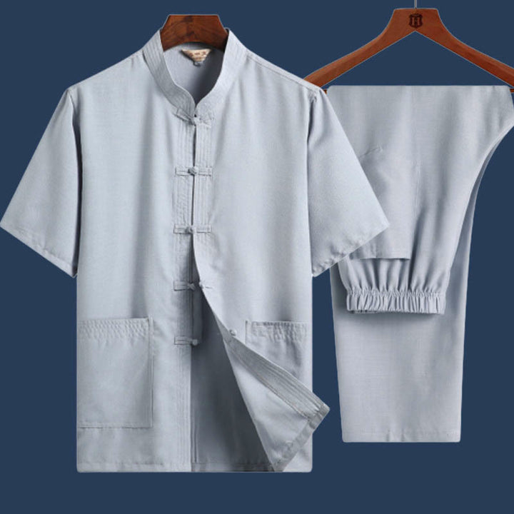 Buddha Stones 2-teiliges Herren-Set mit Frosch-Knopf, Fu-Charakter, Drache, Bambusblatt, kurzärmelig, Hemd und Hose - Hellblau - Einfarbig - US/ UK/AU46, EU56 (4XL) - image 13