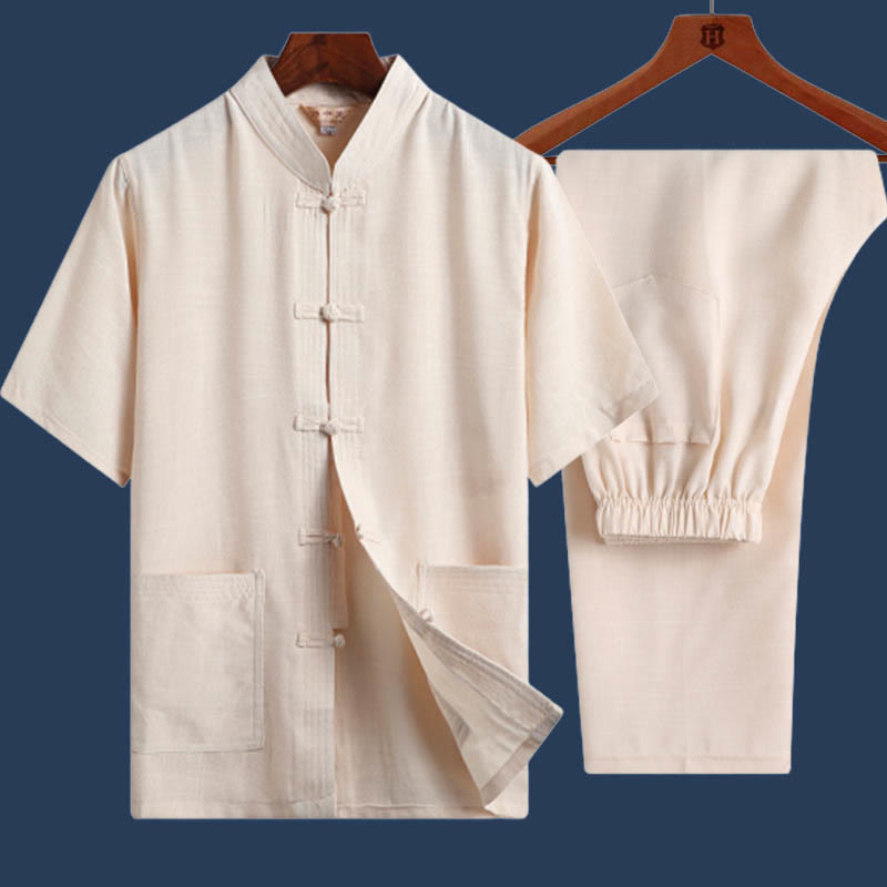 Buddha Stones 2-teiliges Herren-Set mit Frosch-Knopf, Fu-Charakter, Drache, Bambusblatt, kurzärmelig, Hemd und Hose - Hellgelb - Einfarbig - US/ UK/AU46, EU56 (4XL) - image 14