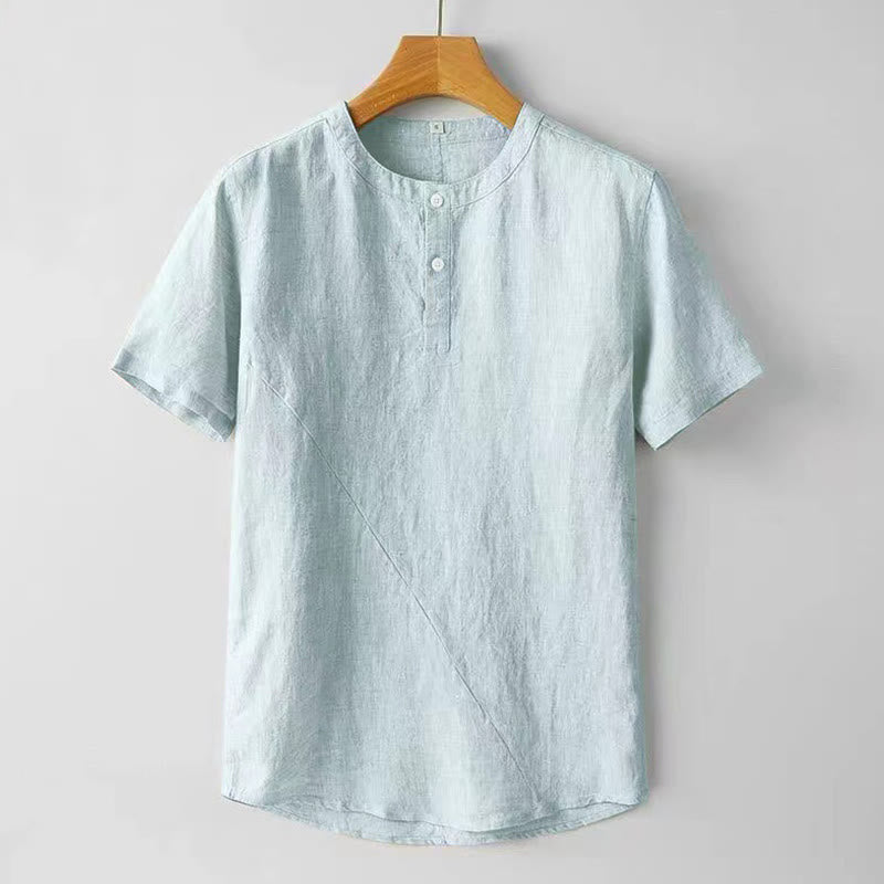 Buddha Stones Sommer Herren Einfarbiges Kurzarmhemd aus Baumwolle und Leinen mit Knöpfen - PowderBlue - US/ UK/AU48，EU58 (4XL) - image 11