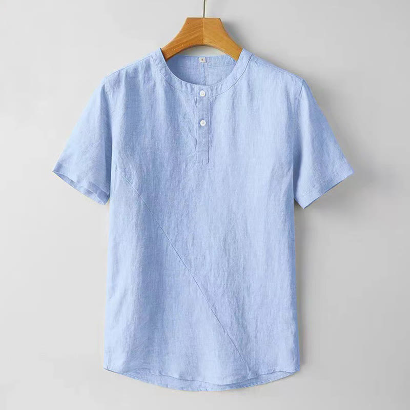 Buddha Stones Sommer Herren Einfarbiges Kurzarmhemd aus Baumwolle und Leinen mit Knöpfen - HellHimmelBlau - US/ UK/AU48，EU58 (4XL) - image 10
