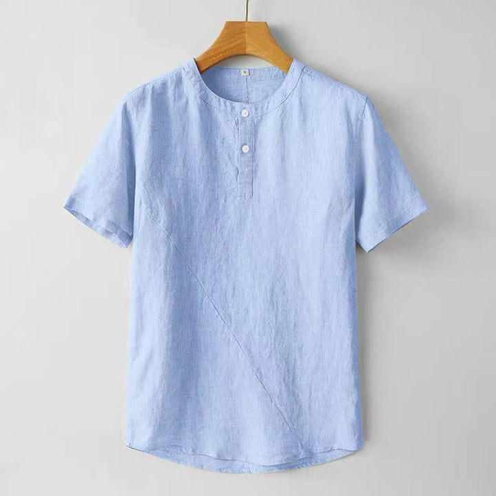 Buddha Stones Sommer Herren Einfarbiges Kurzarmhemd aus Baumwolle und Leinen mit Knöpfen - HellHimmelBlau - US/ UK/AU48，EU58 (4XL) - image 10