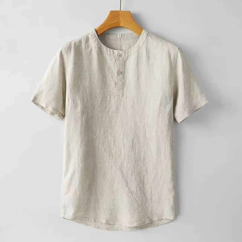 Buddha Stones Sommer Herren Einfarbiges Kurzarmhemd aus Baumwolle und Leinen mit Knöpfen - Leinen - US/ UK/AU48，EU58 (4XL) - image 1