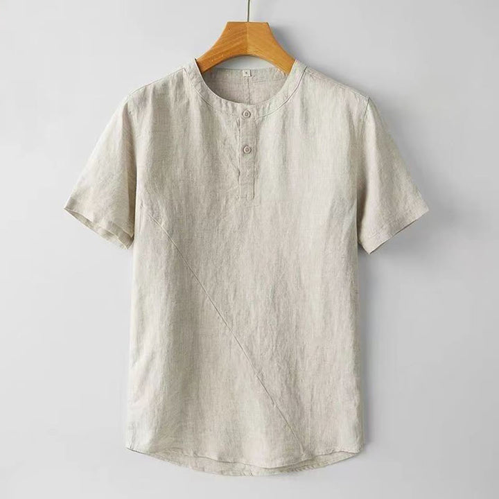 Buddha Stones Sommer Herren Einfarbiges Kurzarmhemd aus Baumwolle und Leinen mit Knöpfen - Leinen - US/ UK/AU48，EU58 (4XL) - image 1