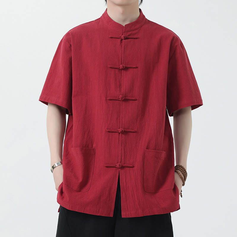 Buddha Stones Frosch-Knopf Chinesischer Tang-Anzug Kurzarmhemd Leinen Herren Kleidung mit Taschen - Rot - US/ UK/AU46，EU56 (5XL) - image 1