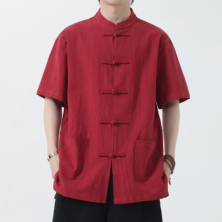 Buddha Stones Frosch-Knopf Chinesischer Tang-Anzug Kurzarmhemd Leinen Herren Kleidung mit Taschen - Rot - US/ UK/AU46，EU56 (5XL) - image 1