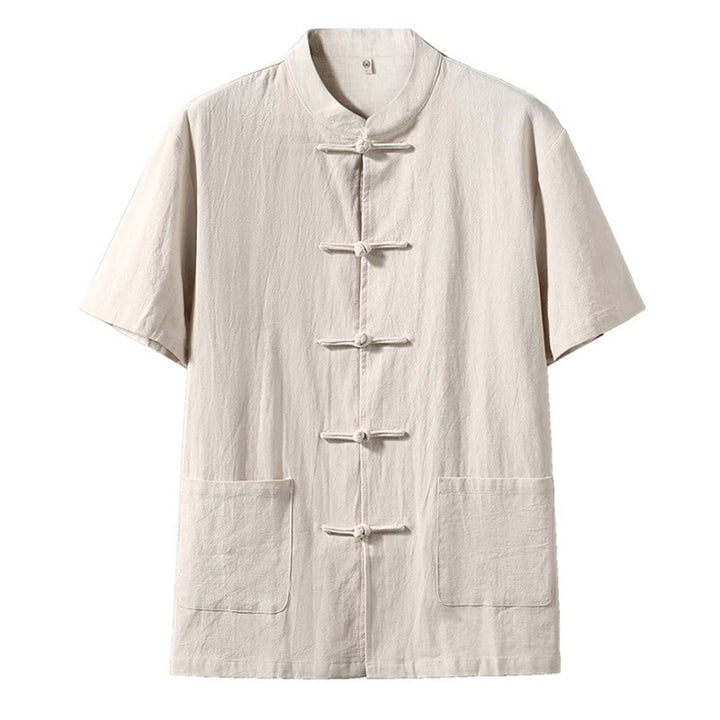 Buddha Stones Frosch-Knopf Chinesischer Tang-Anzug Kurzarmhemd Leinen Herren Kleidung mit Taschen - Leinen - US/ UK/AU46, EU56 (5XL) - image 7