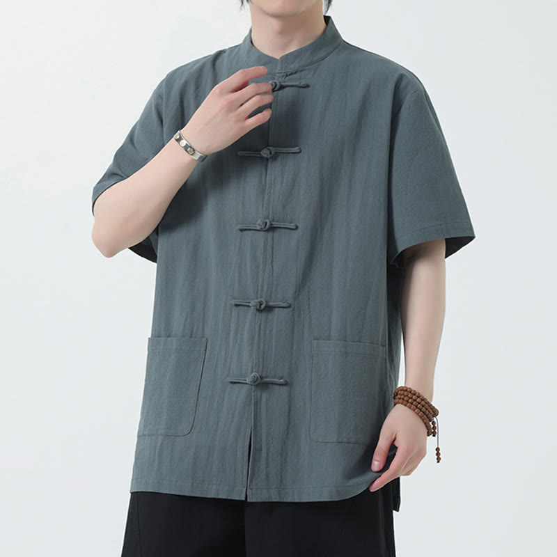 Buddha Stones Frosch-Knopf Chinesischer Tang-Anzug Kurzarmhemd Leinen Herren Kleidung mit Taschen - Hellschiefergrau - US/ UK/AU46, EU56 (5XL) - image 8