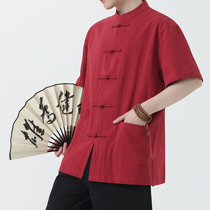 Buddha Stones Frosch-Knopf Chinesischer Tang-Anzug Kurzarmhemd Leinen Herren Kleidung mit Taschen - image 2