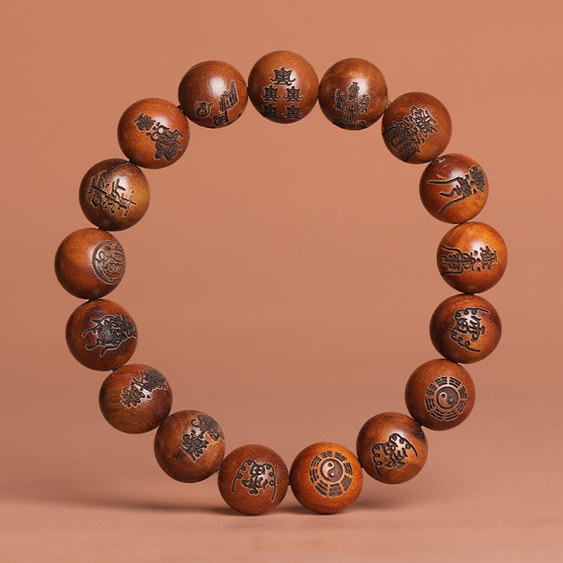 Armband mit eingraviertem Glückssymbol und Buddha-Steinen aus Jujube-Holz mit Yin-Yang-Baguas und taoistischem Tabu-Symbol