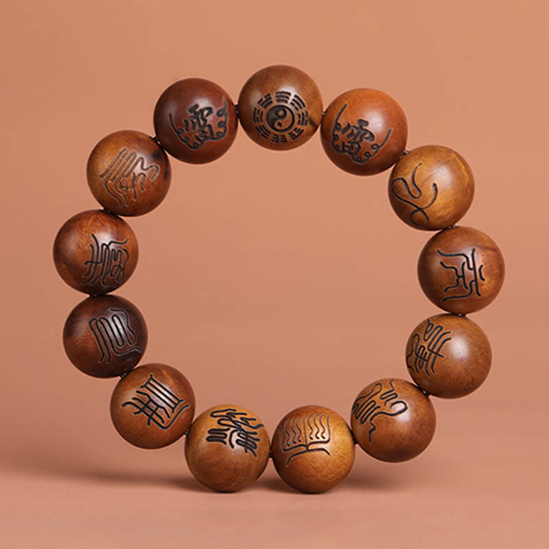 Armband mit eingraviertem Glückssymbol und Buddha-Steinen aus Jujube-Holz mit Yin-Yang-Baguas und taoistischem Tabu-Symbol