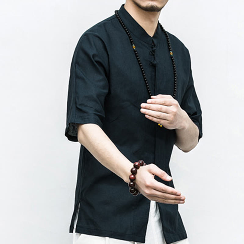 Buddha-Steine, chinesischer Frosch-Knopf, Tang-Anzug, Zen, Halbarm-Hemd, Leinen, Herrenbekleidung - image 15