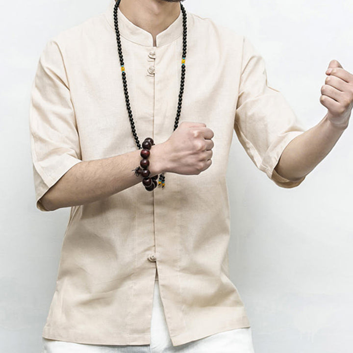 Buddha-Steine, chinesischer Frosch-Knopf, Tang-Anzug, Zen, Halbarm-Hemd, Leinen, Herrenbekleidung - image 21