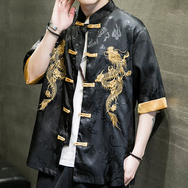 Buddha-Steine Frosch-Knopf Chinesischer Drache Stickerei Halbarm Hemd Leinen Herren Kleidung - image 7