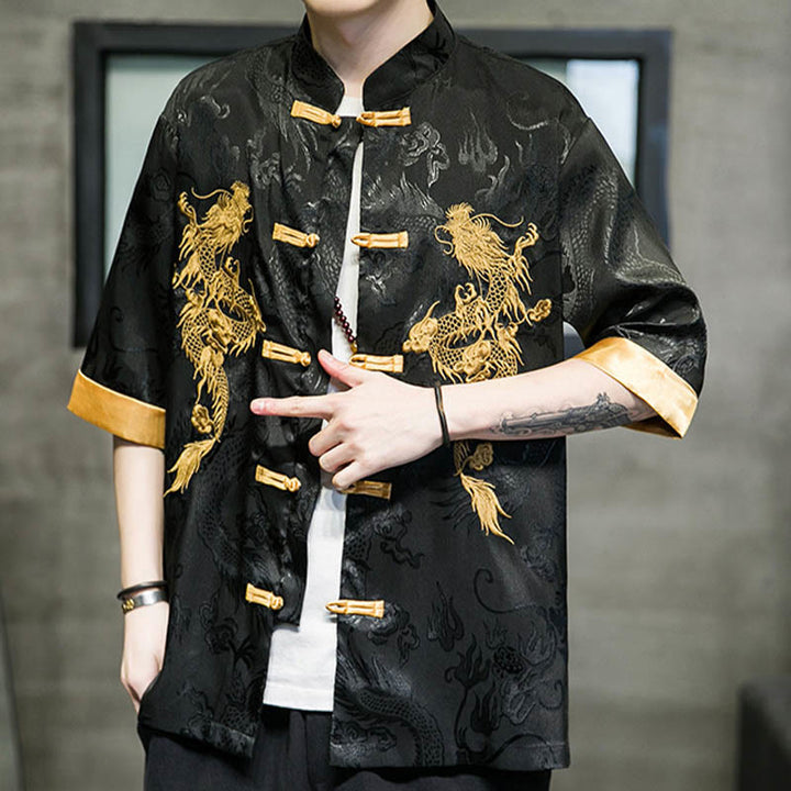 Buddha-Steine Frosch-Knopf Chinesischer Drache Stickerei Halbarm Hemd Leinen Herren Kleidung - image 6