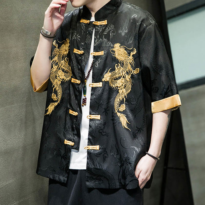Buddha-Steine Frosch-Knopf Chinesischer Drache Stickerei Halbarm Hemd Leinen Herren Kleidung - image 9