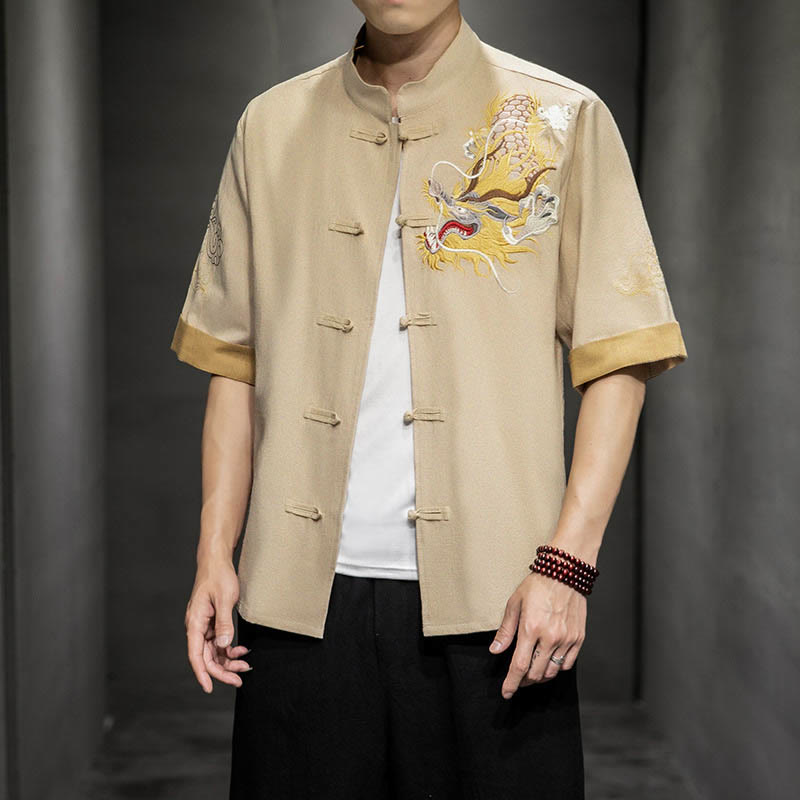 Buddha-Steine, Frosch-Knopf, chinesischer Drache, glückverheißende Wolkenstickerei, Halbarm-Hemd aus Baumwolle und Leinen für Herren - image 27