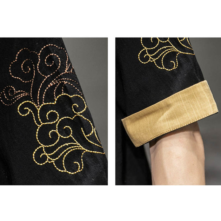 Buddha-Steine, Frosch-Knopf, chinesischer Drache, glückverheißende Wolkenstickerei, Halbarm-Hemd aus Baumwolle und Leinen für Herren - image 11