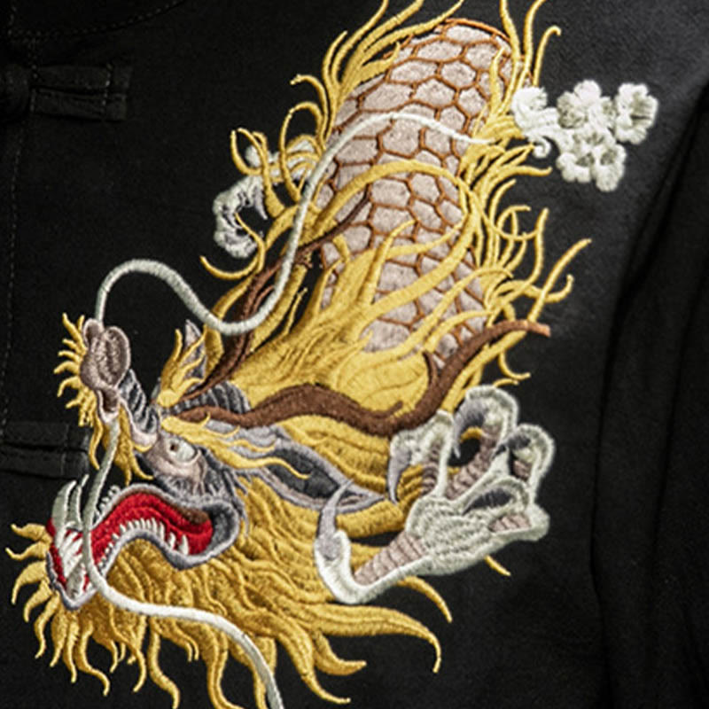 Buddha-Steine, Frosch-Knopf, chinesischer Drache, glückverheißende Wolkenstickerei, Halbarm-Hemd aus Baumwolle und Leinen für Herren - image 7