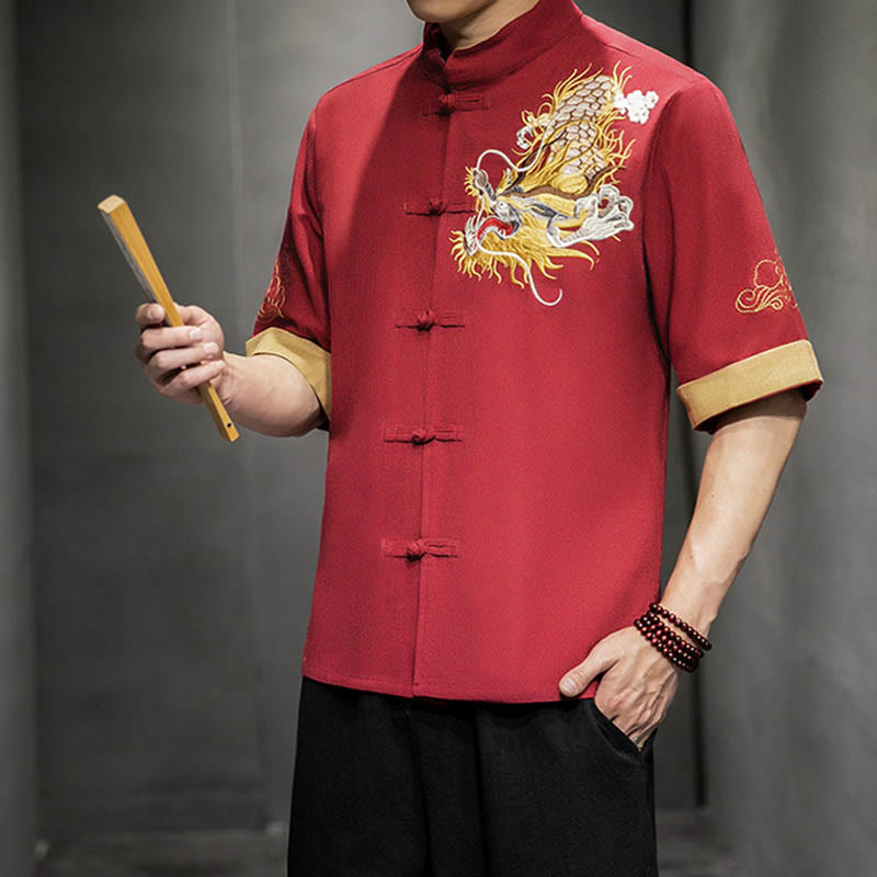 Buddha-Steine, Frosch-Knopf, chinesischer Drache, glückverheißende Wolkenstickerei, Halbarm-Hemd aus Baumwolle und Leinen für Herren - image 16