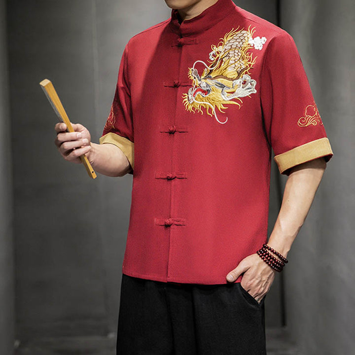 Buddha-Steine, Frosch-Knopf, chinesischer Drache, glückverheißende Wolkenstickerei, Halbarm-Hemd aus Baumwolle und Leinen für Herren - image 16